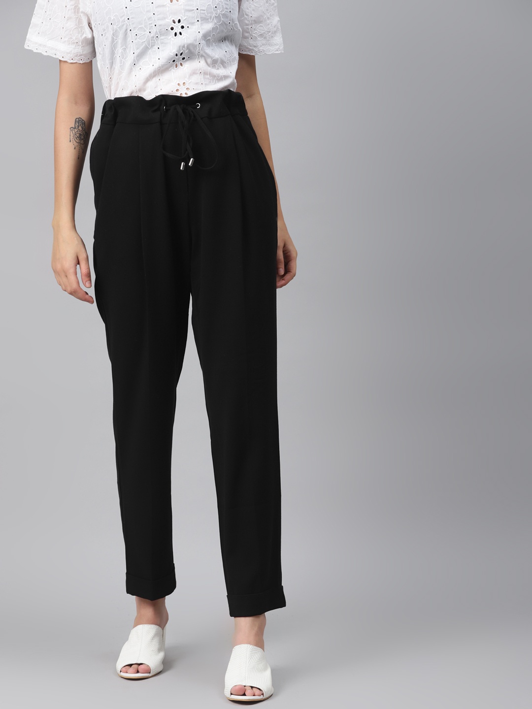 

Marks & Spencer Women Black Tapered Fit Solid Peg Trousers