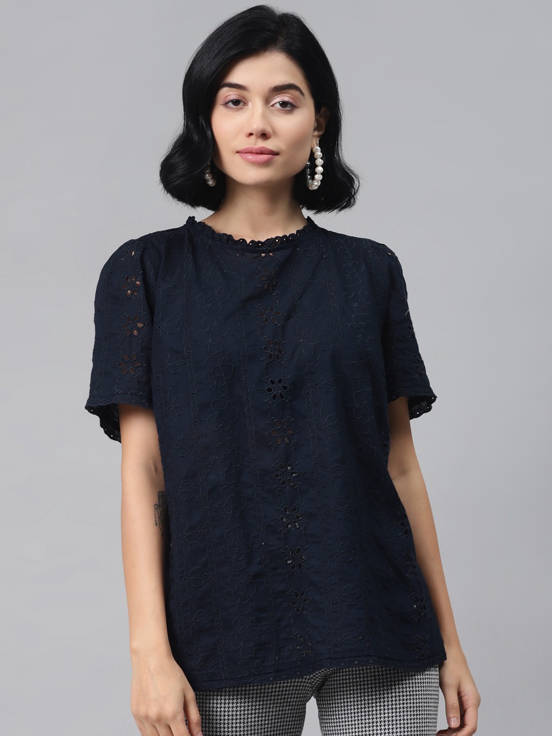

Marks & Spencer Navy Blue Floral Embroidered Top