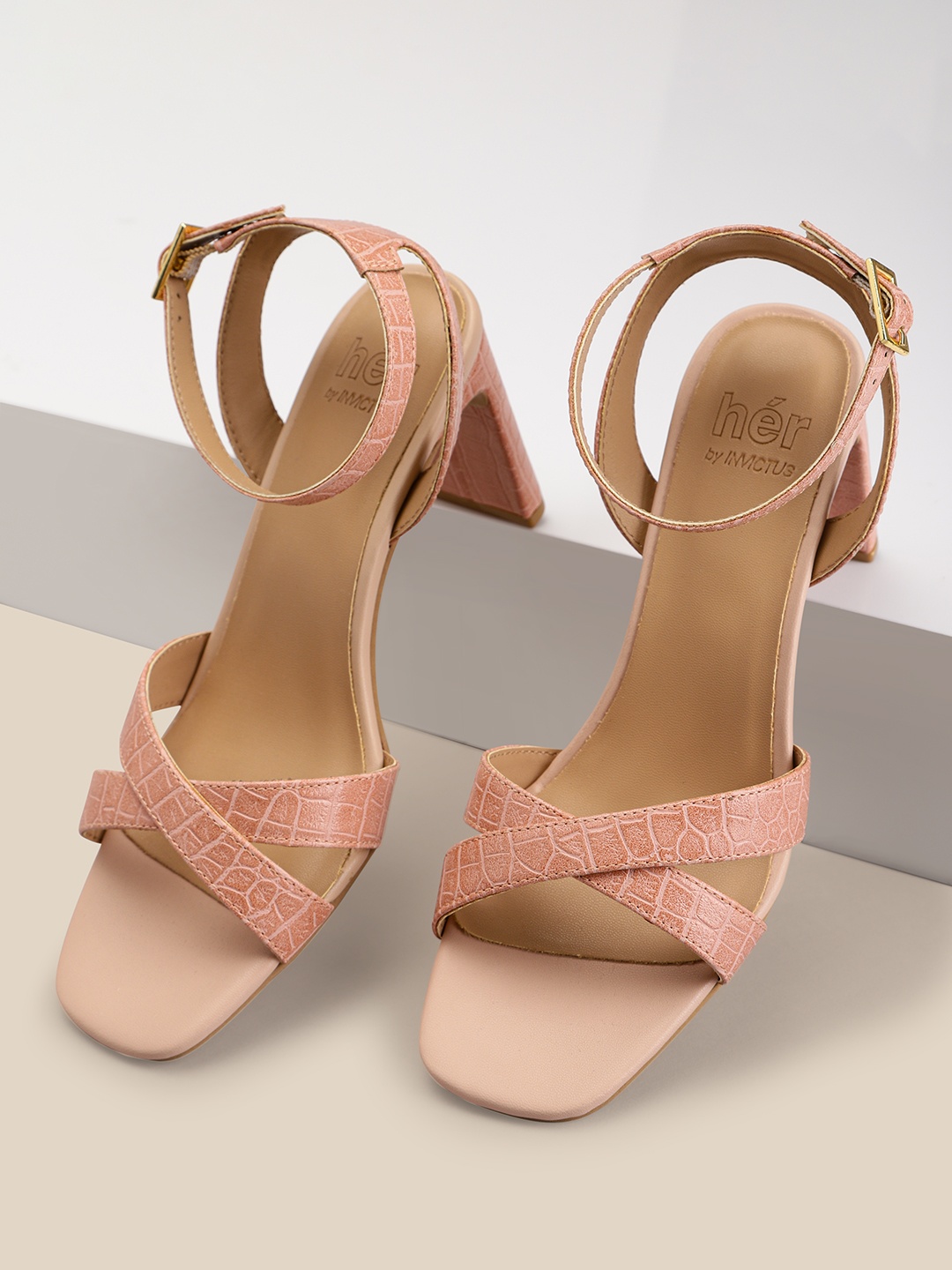 

her by invictus Women Pink Croc Textured Block Heels