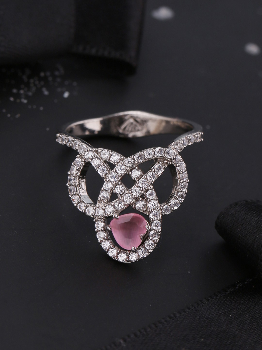 

Voylla Silver Plated Pink & White CZ Studded Finger Ring