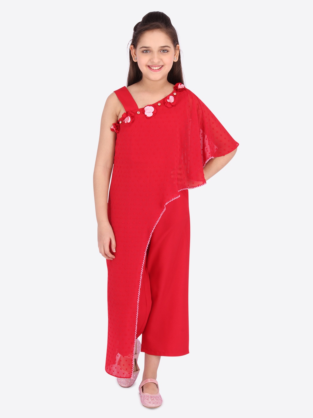 

CUTECUMBER Girls Red Self Design Basic Jumpsuit