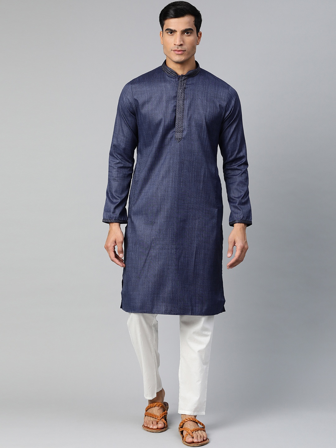 

Manthan Men Navy Blue Woven Design Straight Kurta with Thread Work Detail