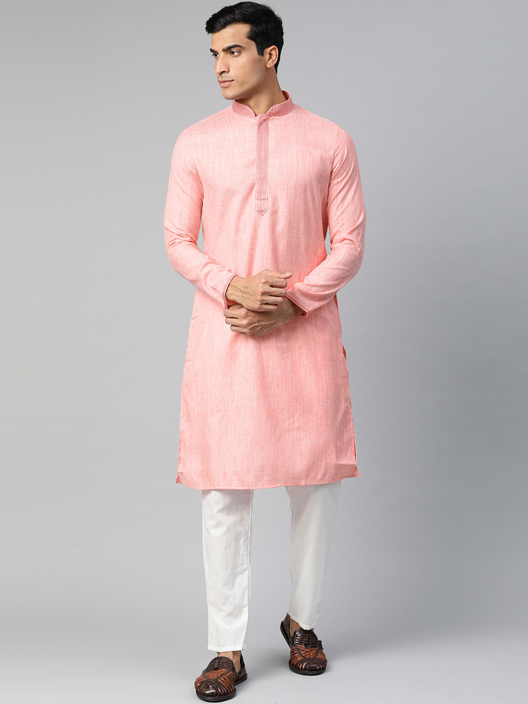 

Manthan Men Pink Woven Design Straight Kurta with Thread Work Detail