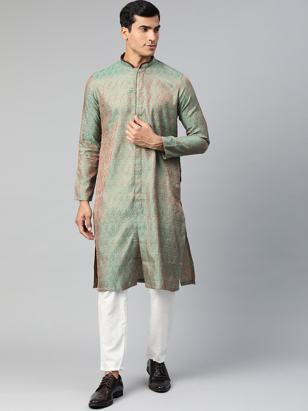 

Manthan Men Green & Maroon Woven Design Straight Kurta