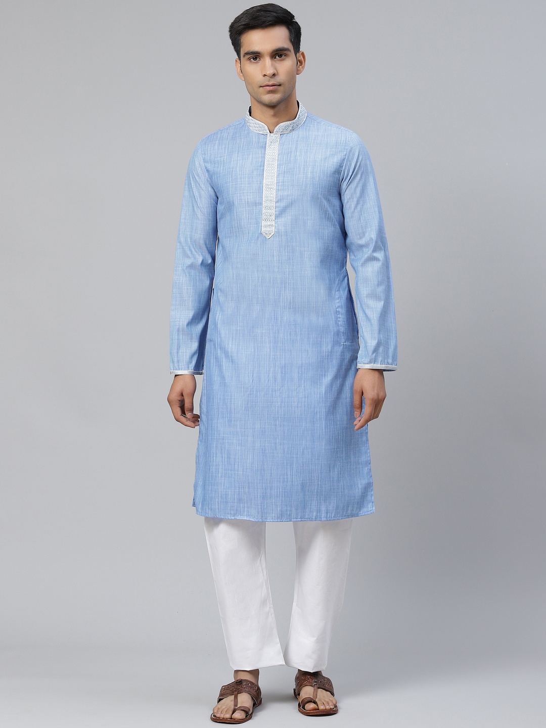 

Manthan Men Blue & White Woven Design Straight Kurta