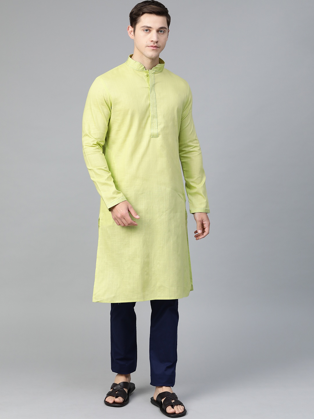 

Manthan Men Green Self Design Straight Kurta