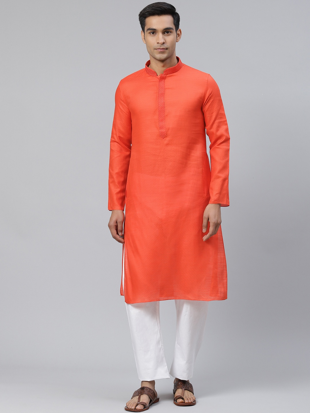 

Manthan Men Coral Orange Woven Design Straight Kurta