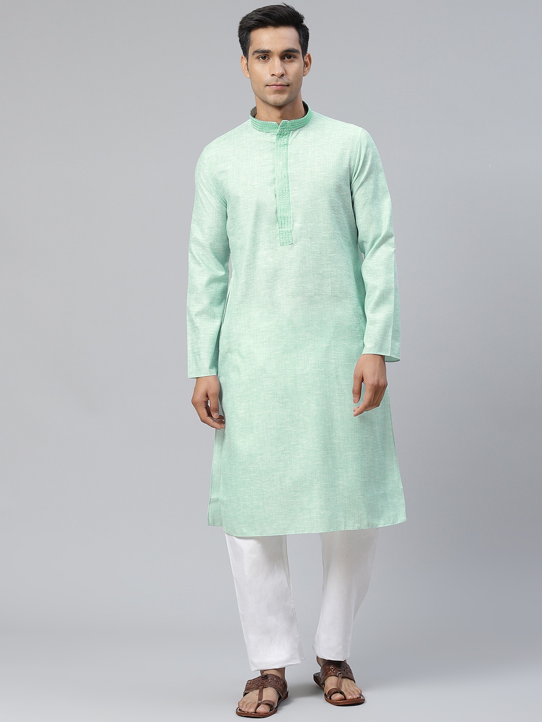 

Manthan Men Sea Green Solid Straight Kurta
