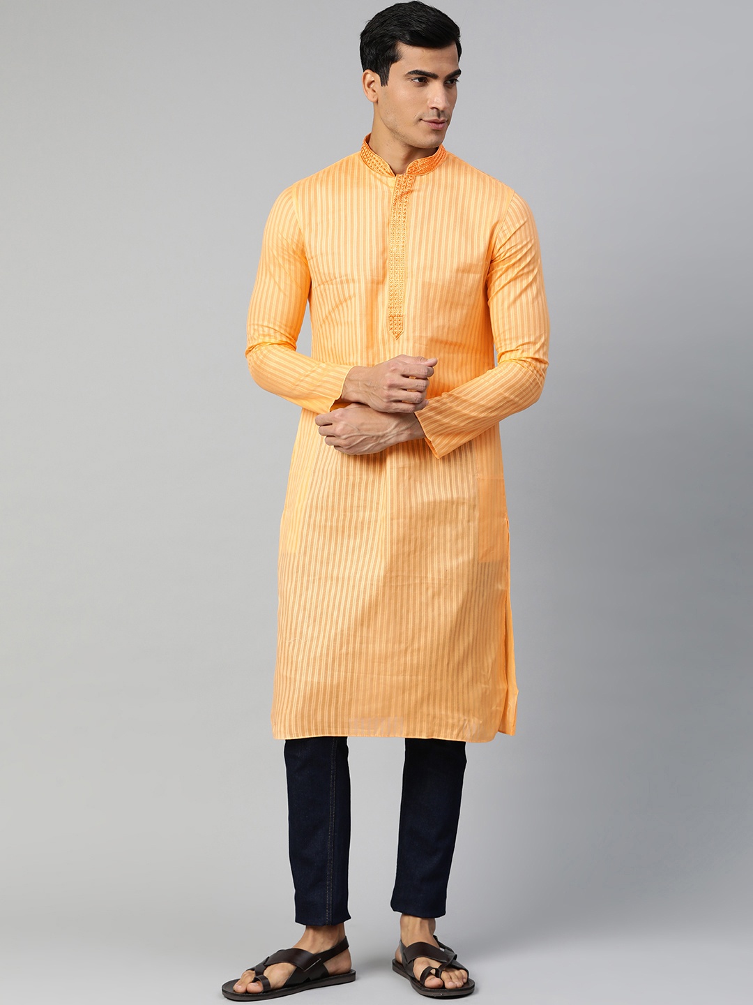 

Manthan Men Orange Striped Straight Kurta with Thread Work Detail