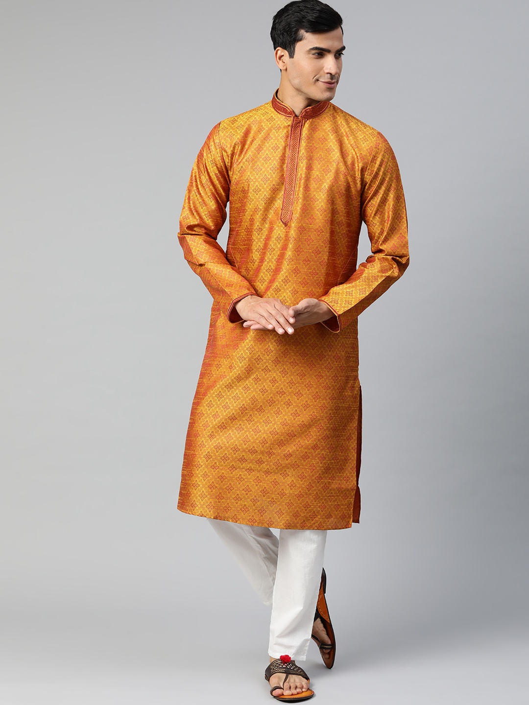 

Manthan Men Mustard & Maroon Woven Design Jacquard Weave Straight Kurta