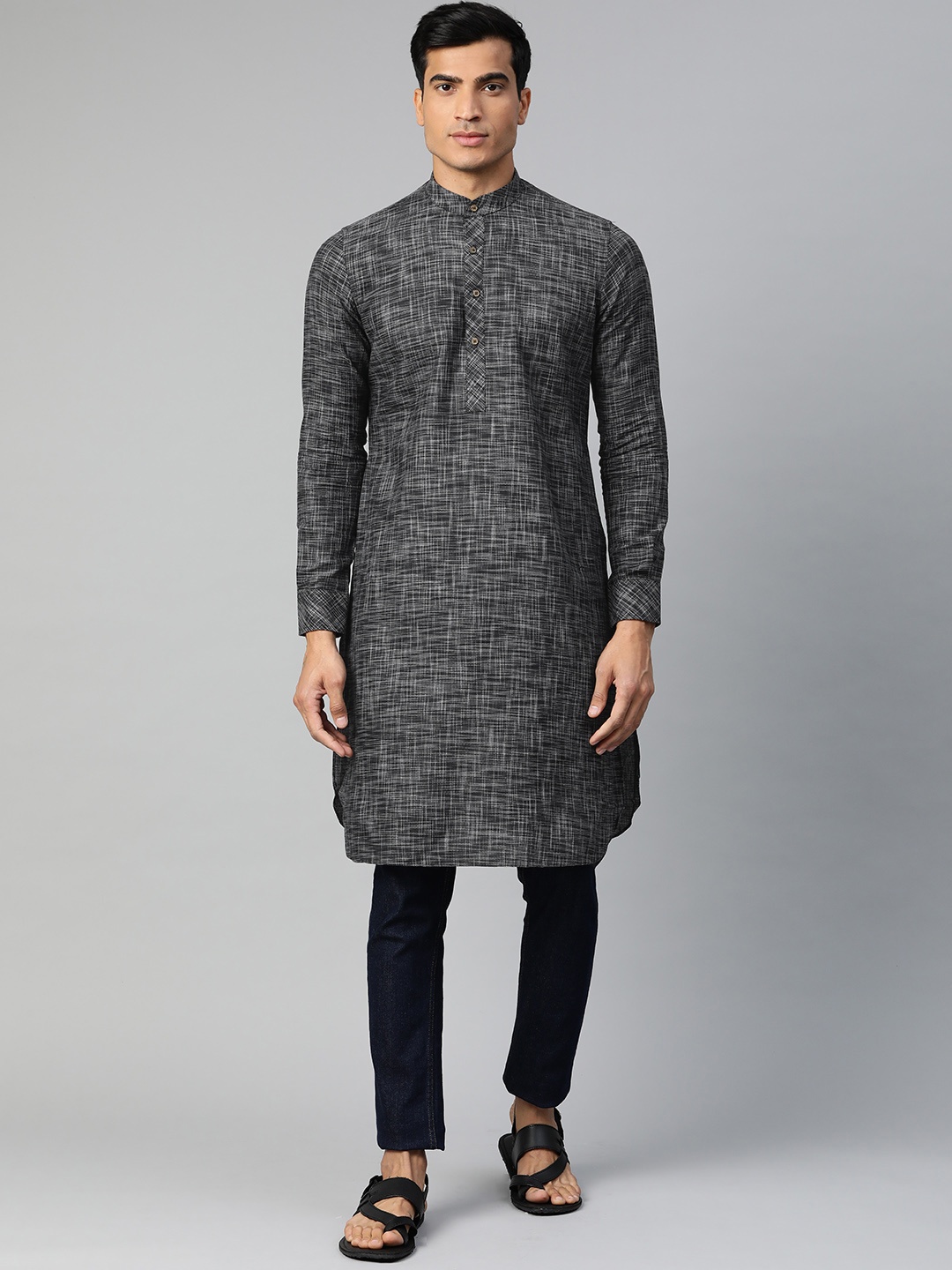 

Manthan Men Black & White Woven Design Straight Kurta