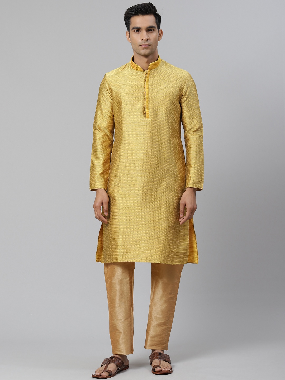

Manthan Men Mustard Yellow & Silver Woven Design Jacquard Weave Straight Kurta