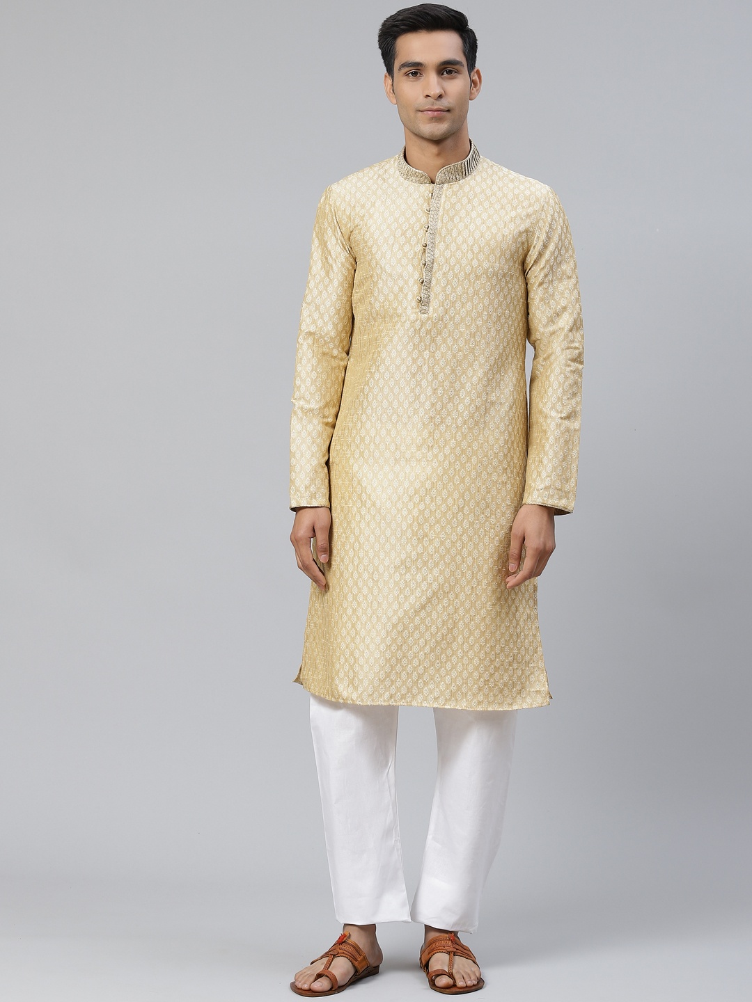 

Manthan Men Beige & Off-White Woven Design Jacquard Weave Straight Kurta