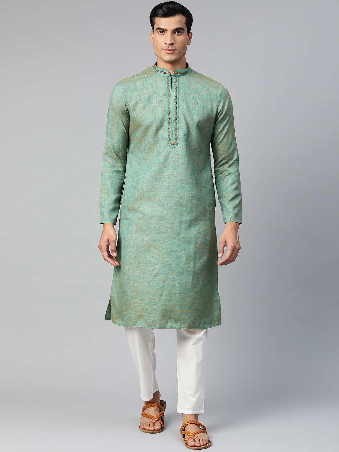 

Manthan Men Green & Beige Woven Design Straight Kurta