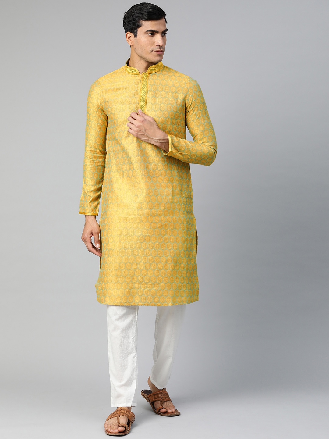 

Manthan Men Green & Yellow Woven Design Jacquard Weave Straight Kurta