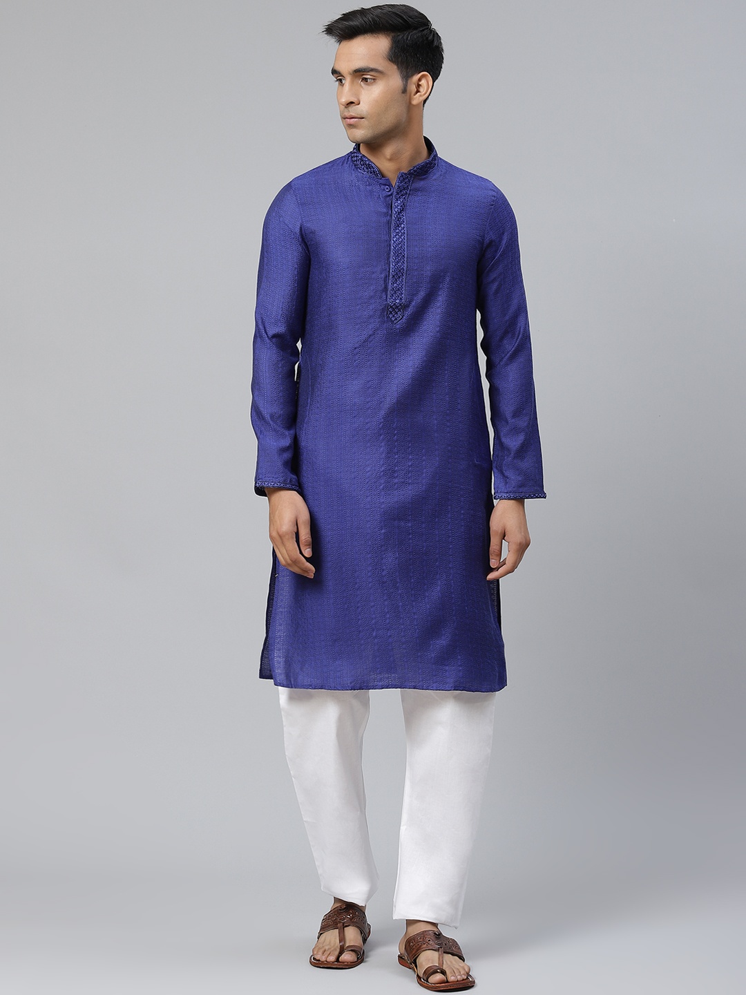 

Manthan Men Blue Woven Design Jacquard Weave Straight Kurta