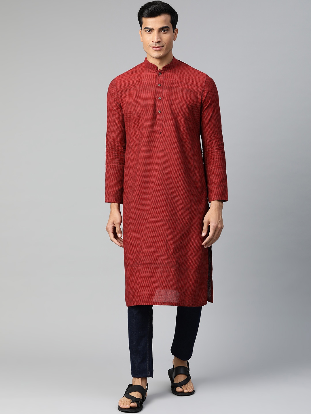 

Manthan Men Maroon Chevron Woven Design Straight Kurta