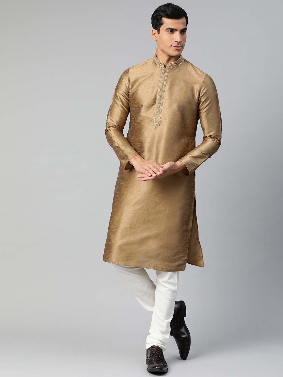 

Manthan Men Brown Woven Design Straight Kurta with Thread Work Detail