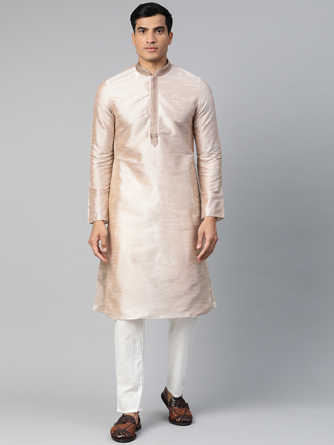 

Manthan Men Beige Solid Straight Kurta with Thread Work Detail