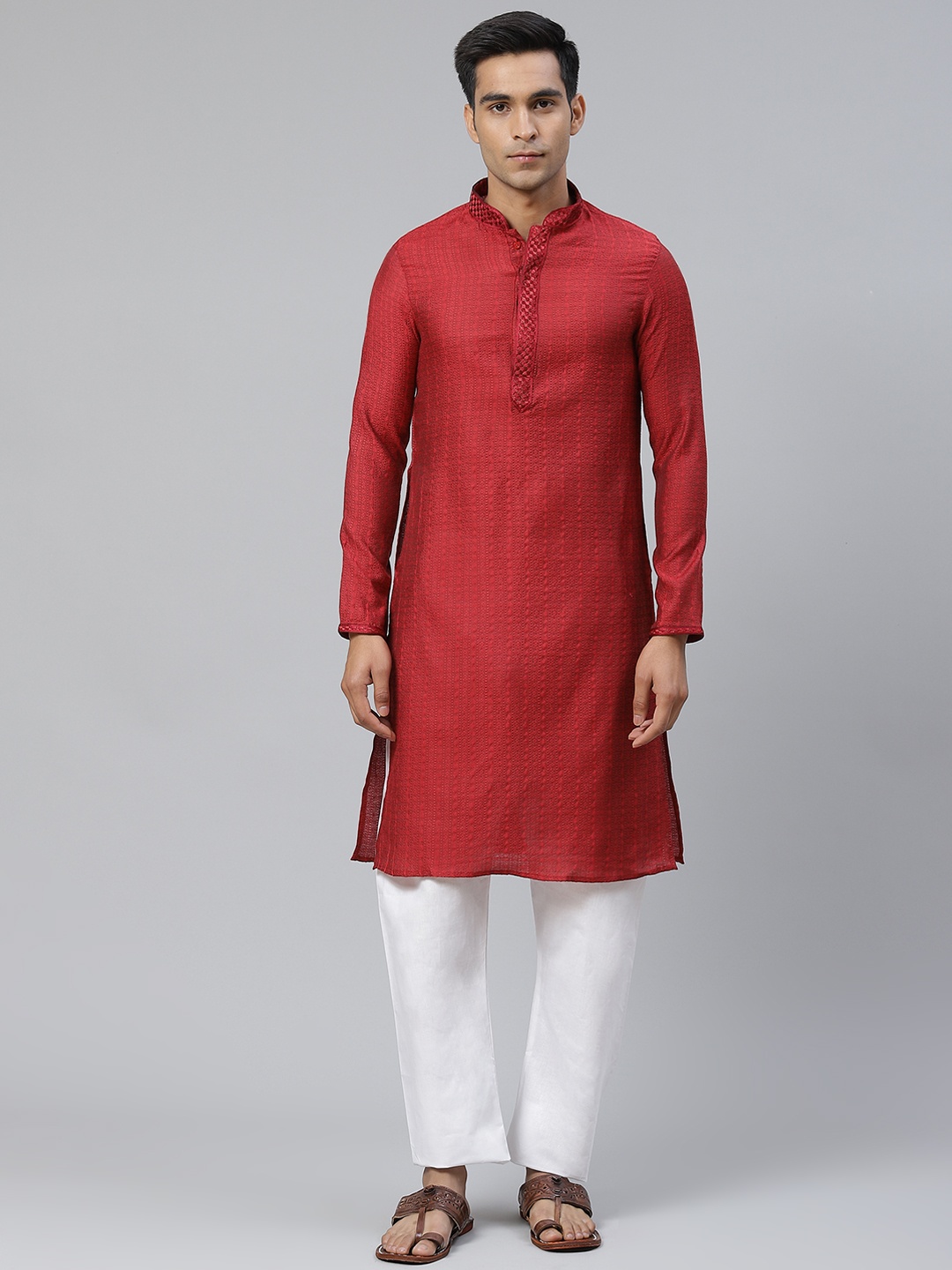 

Manthan Men Maroon Woven Design Straight Kurta