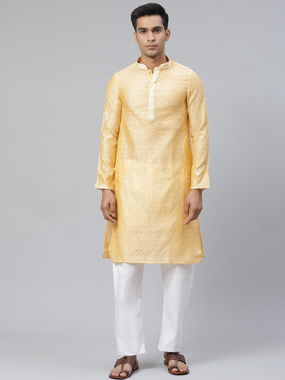 

Manthan Men Yellow & White Woven Design Straight Kurta
