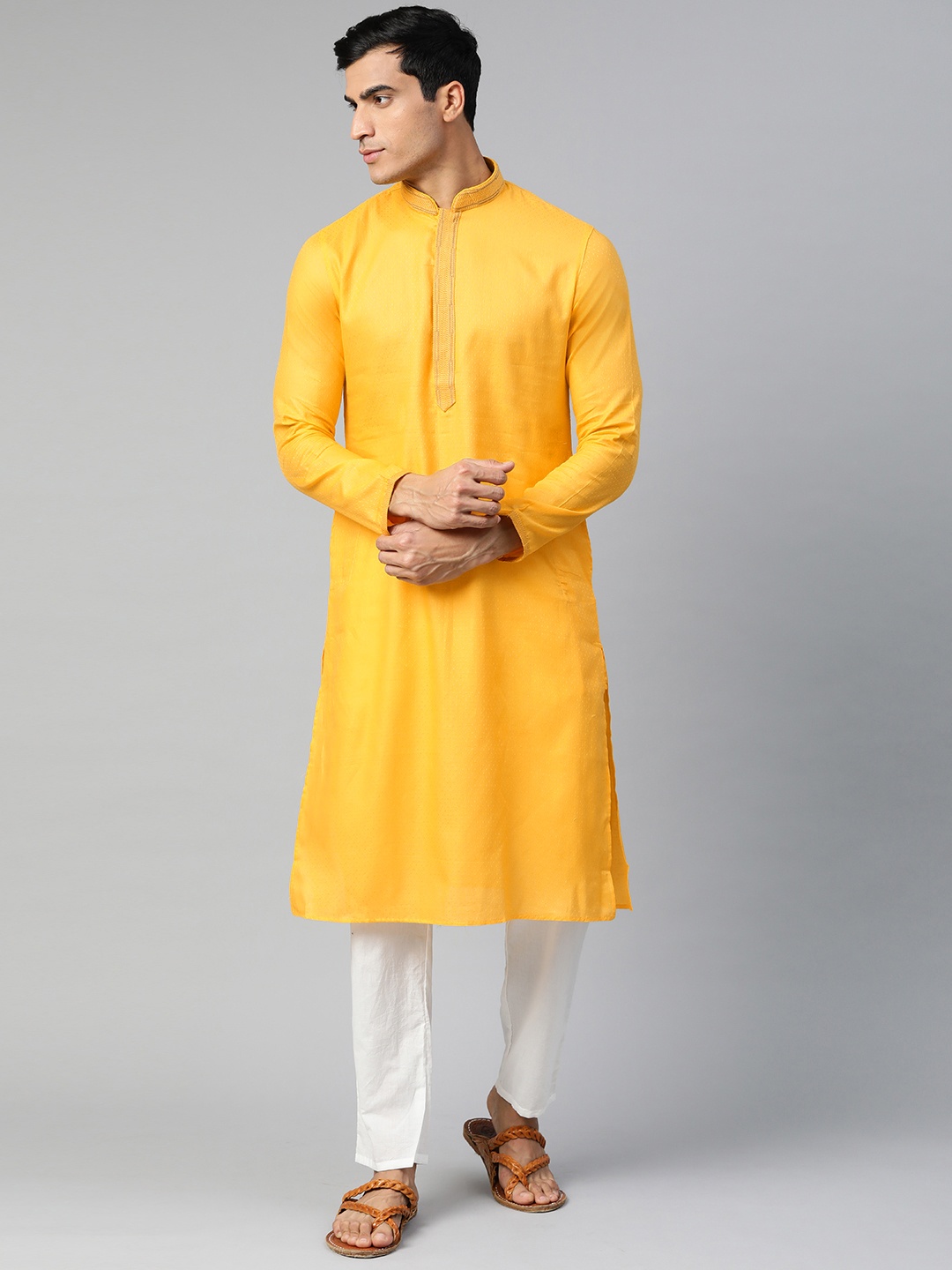 

Manthan Men Yellow Woven Design Straight Kurta with Thread Work Detail