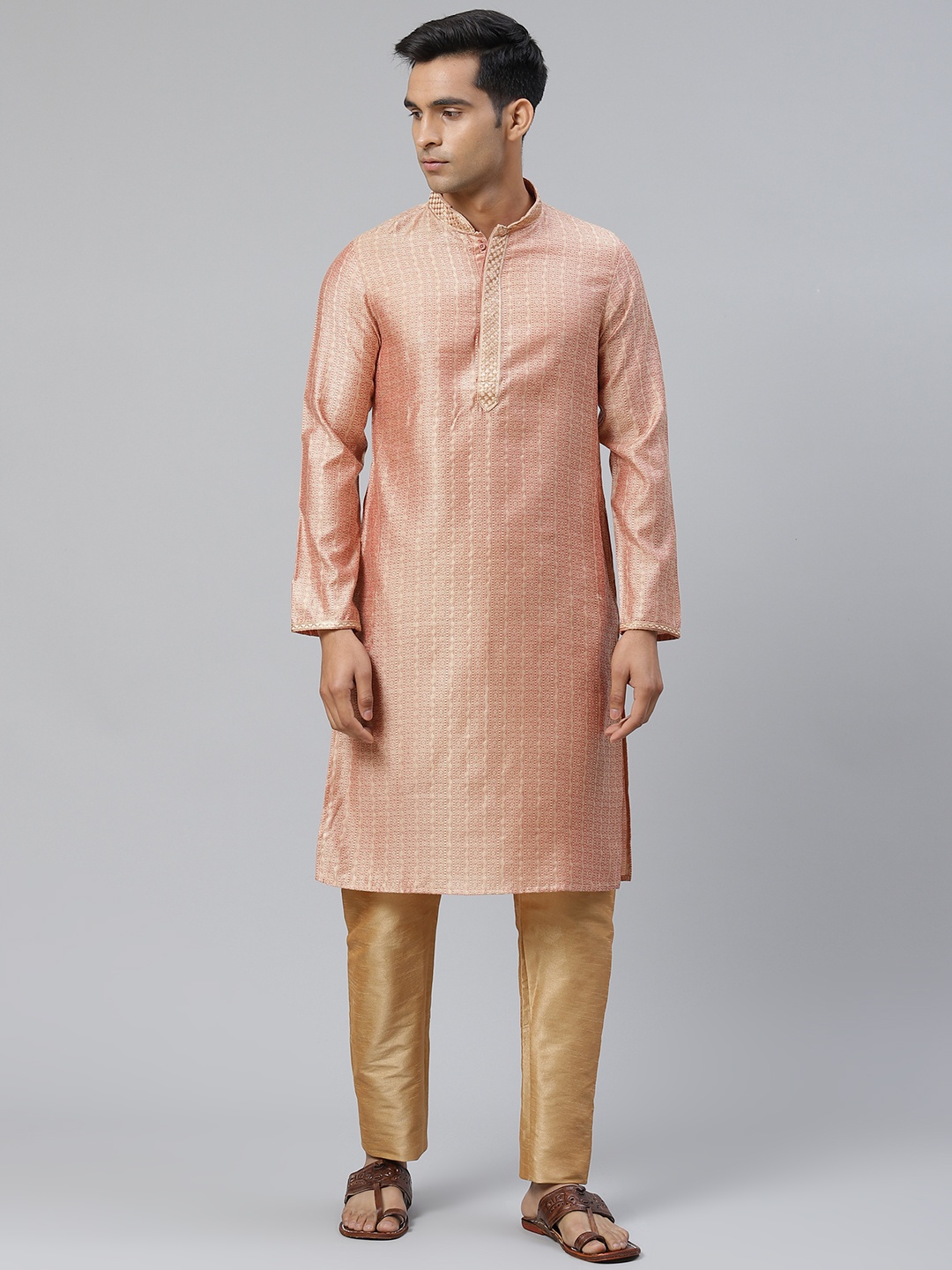 

Manthan Men Red & Beige Woven Design Jacquard Weave Straight Kurta