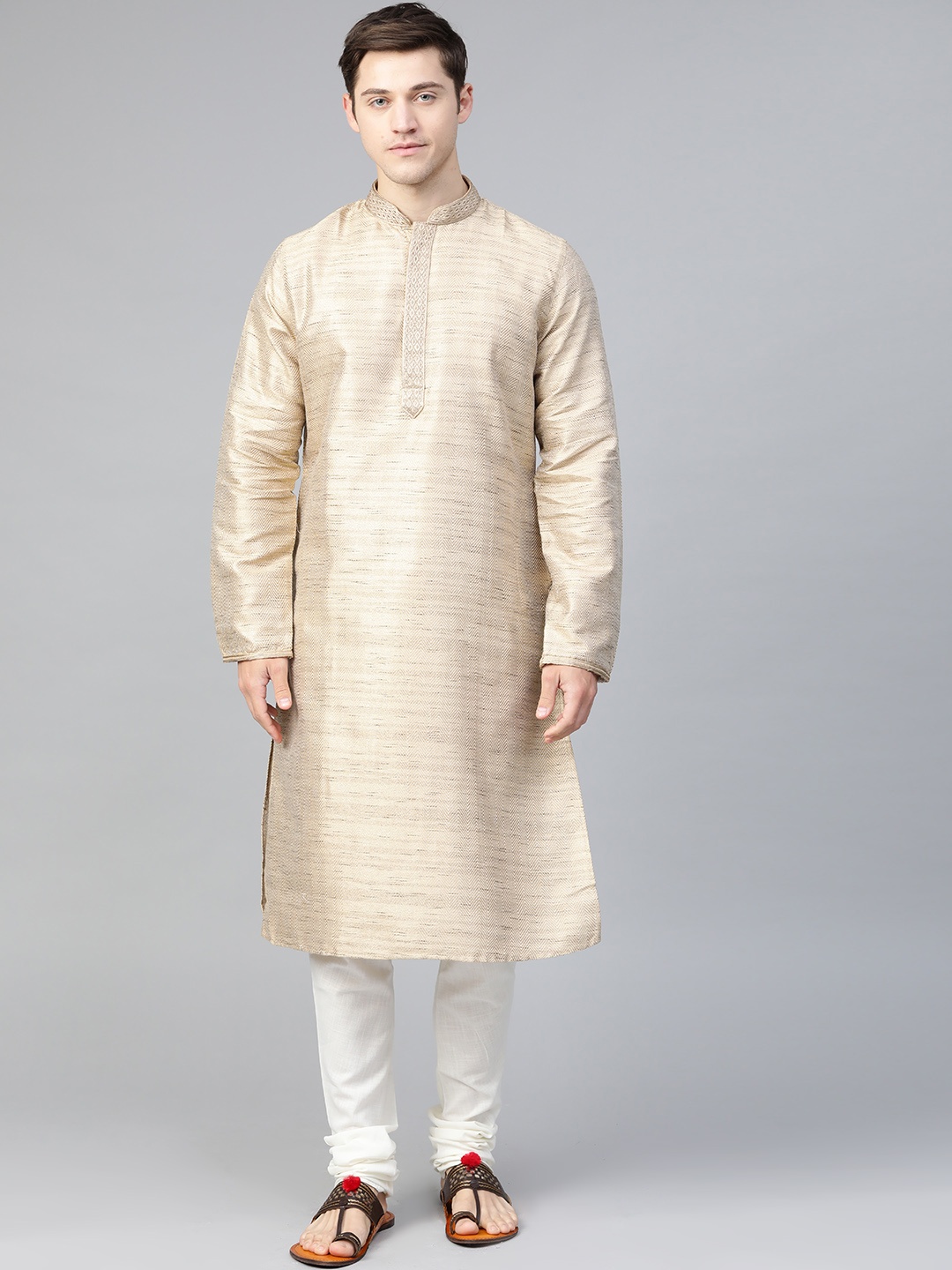 

Manthan Men Beige & Brown Chevron Design Pure Straight Kurta