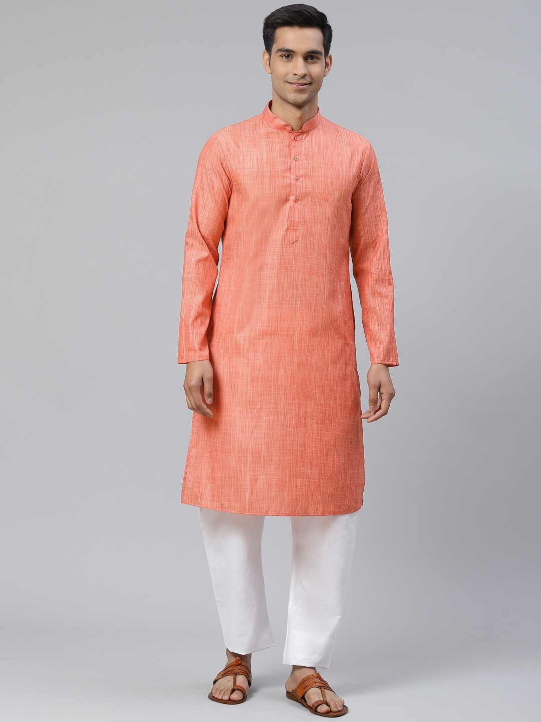 

Manthan Men Coral Pink Woven Design Straight Kurta