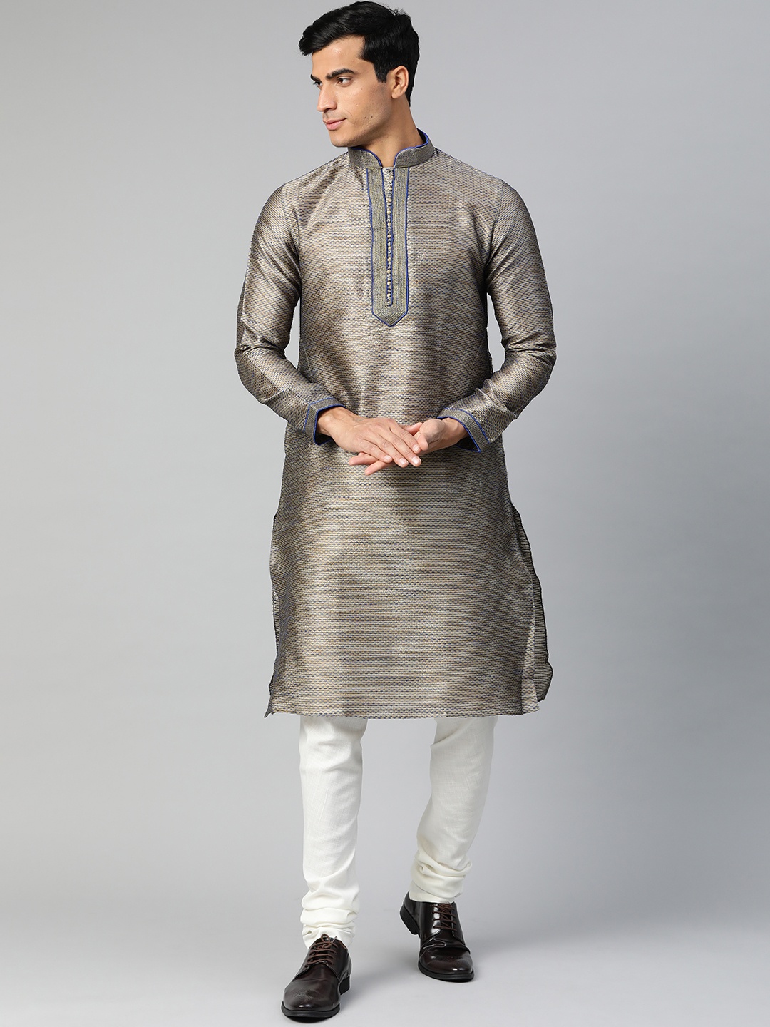 

Manthan Men Golden & Blue Woven Design Straight Kurta, Gold