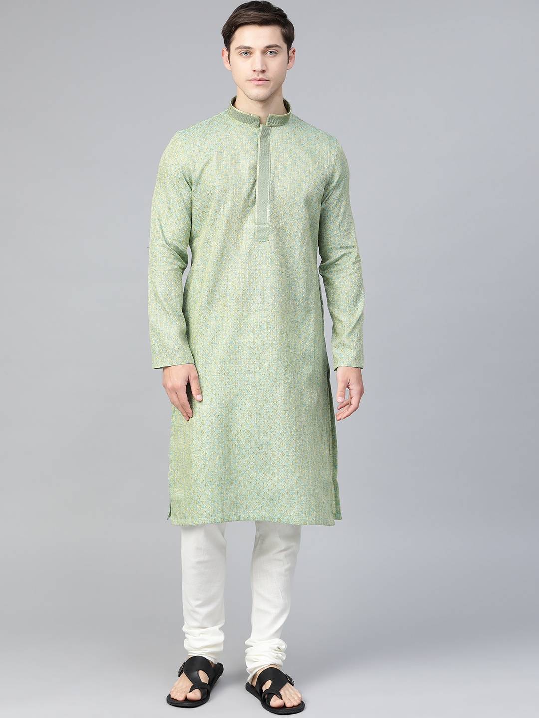 

Manthan Men Green & Golden Woven Design Straight Kurta