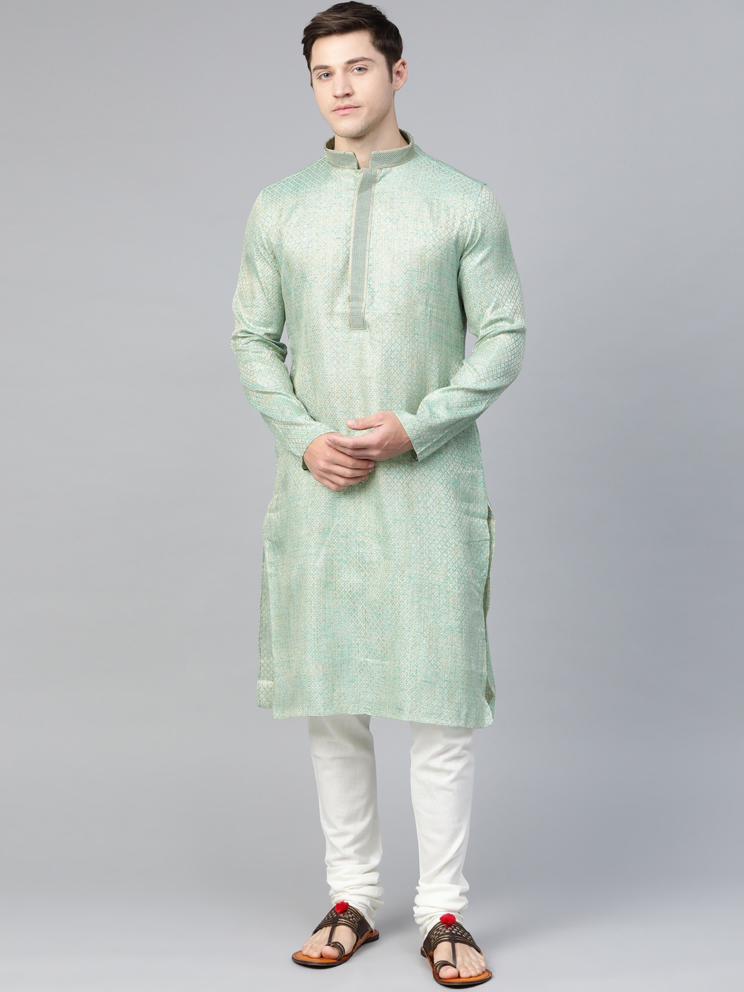 

Manthan Men Green & Golden Woven Design Straight Kurta