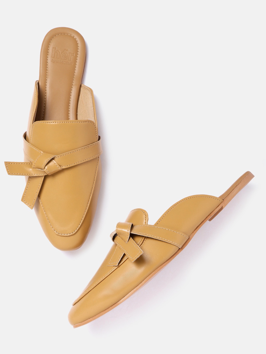 

her by invictus Women Tan Brown Solid Mules with Knot Detail