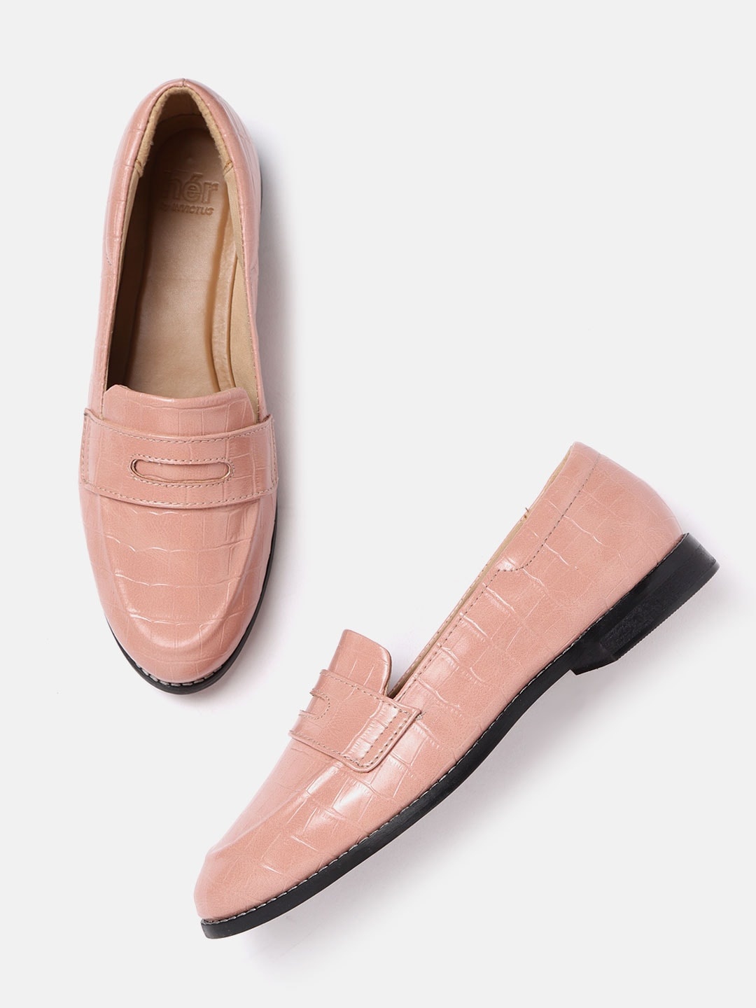 

her by invictus Women Peach-Coloured Croc Textured Slip-Ons