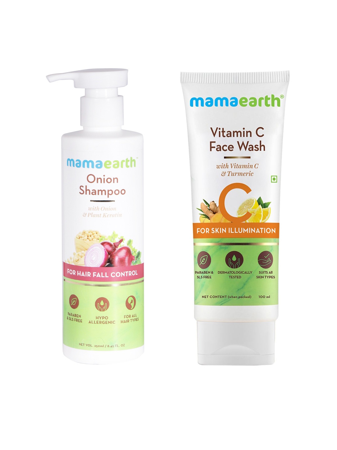 

Mamaearth Unisex Set of Sustainable Vitamin C Face Wash & Onion Hair Fall Control Shampoo, White