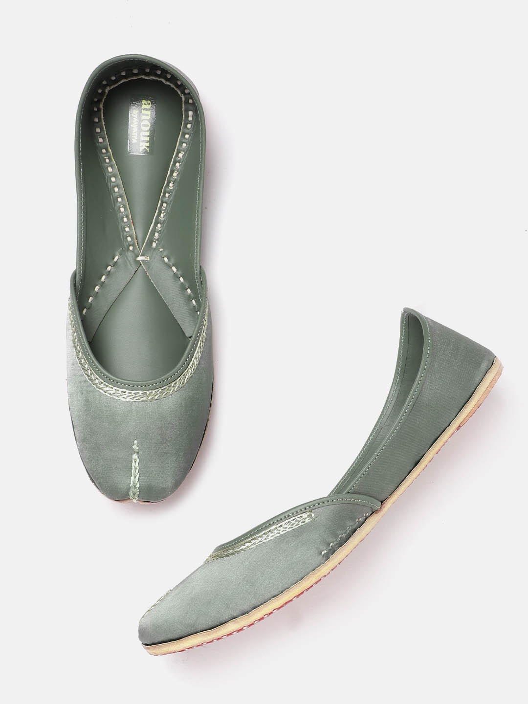 

Anouk Women Olive Green & Gold-Toned Embroidered Detail Handcrafted Mojaris