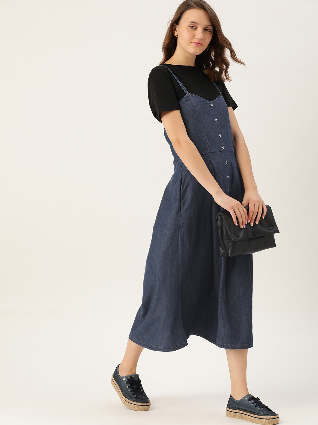 

DressBerry Navy Blue Pure Cotton Solid Denim A-Line Midi Dress
