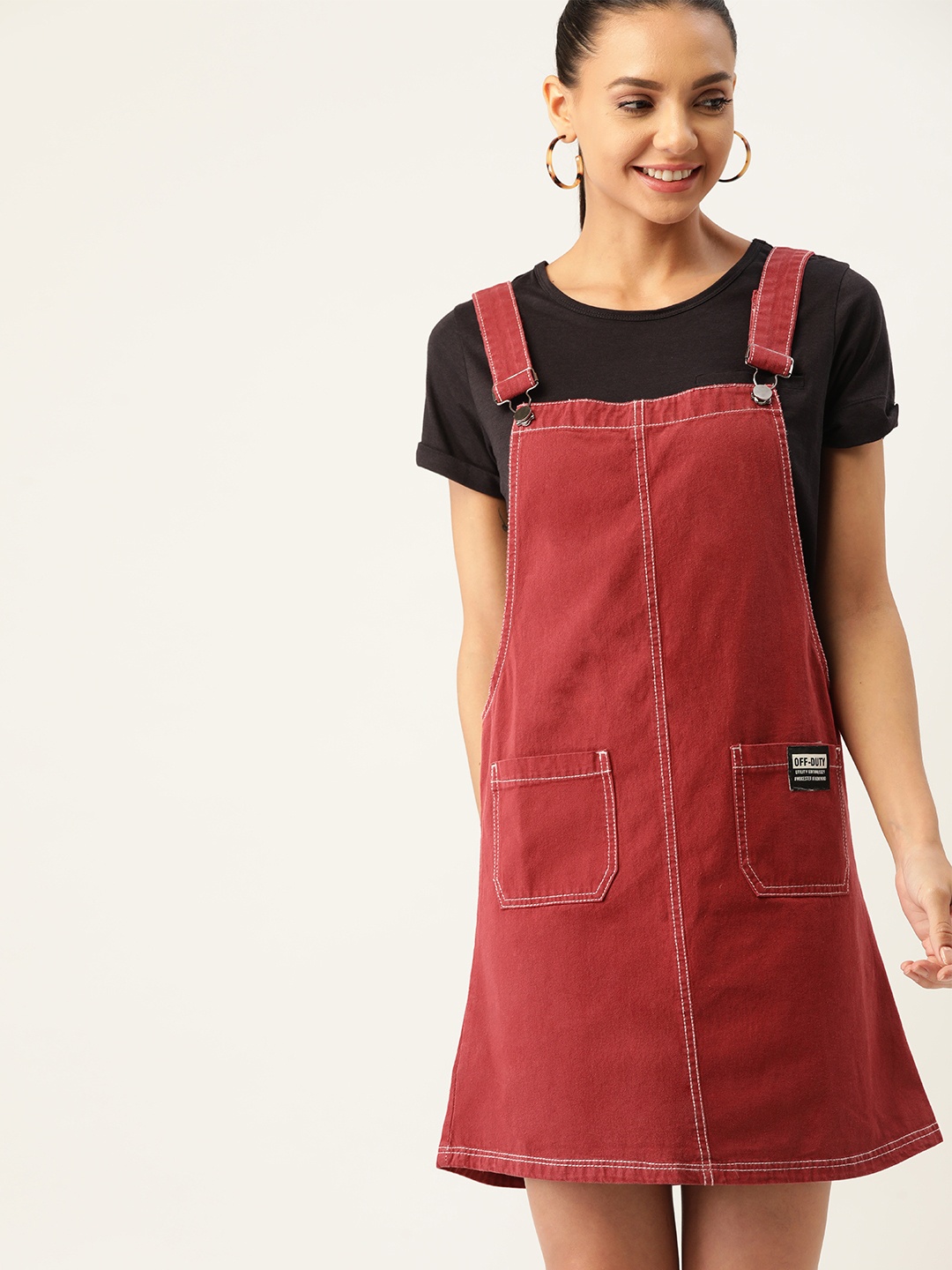 

DressBerry Rust Red Solid Pure Cotton Pinafore Dress