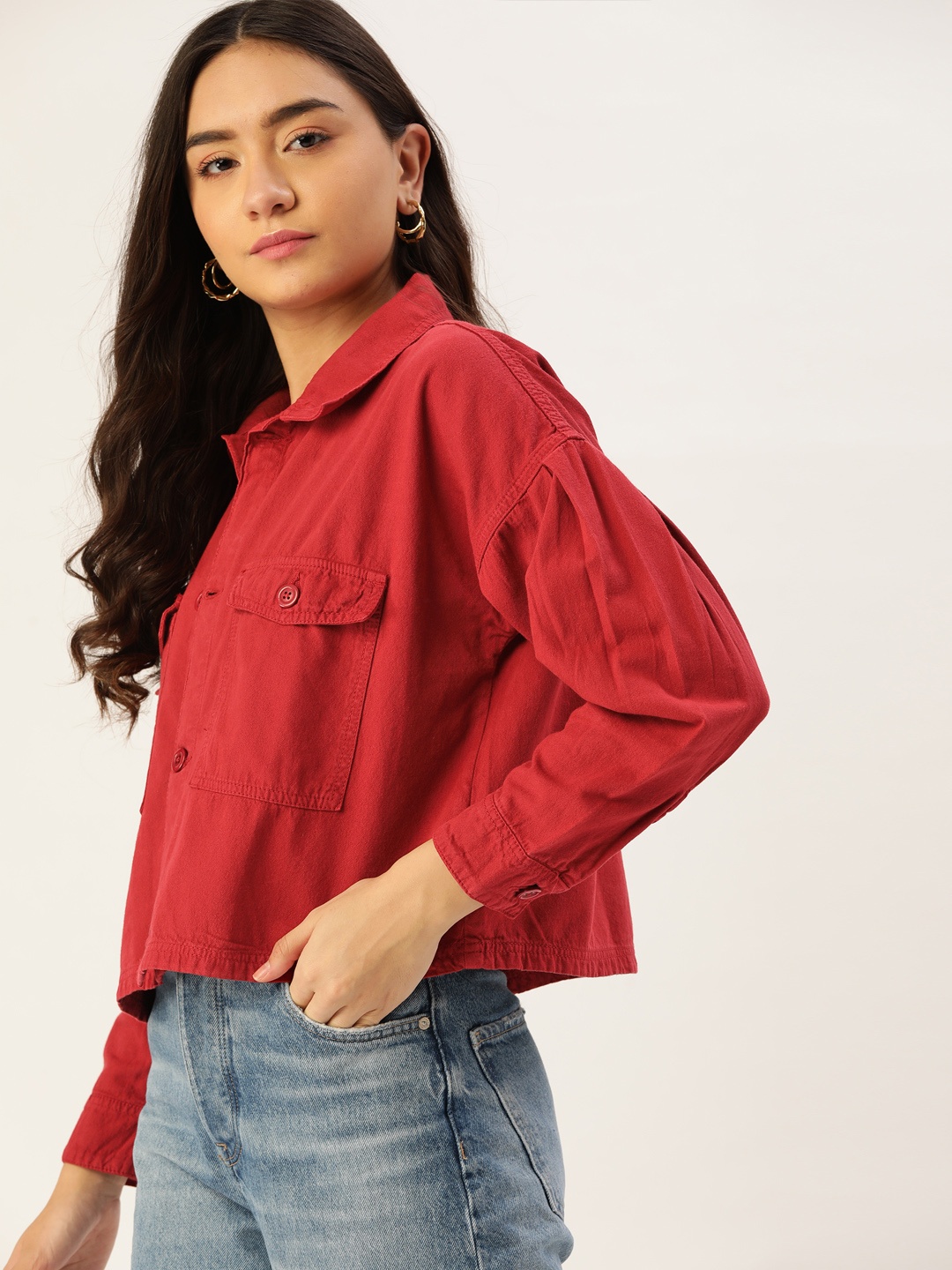 

DressBerry Women Red Solid Boxy Fit Pure Cotton Denim Jacket