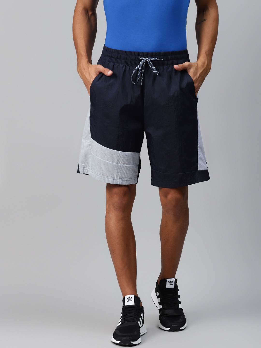 

ADIDAS Men Navy Blue & Grey Colorblocked Mesh Pop Sports Sustainable Shorts