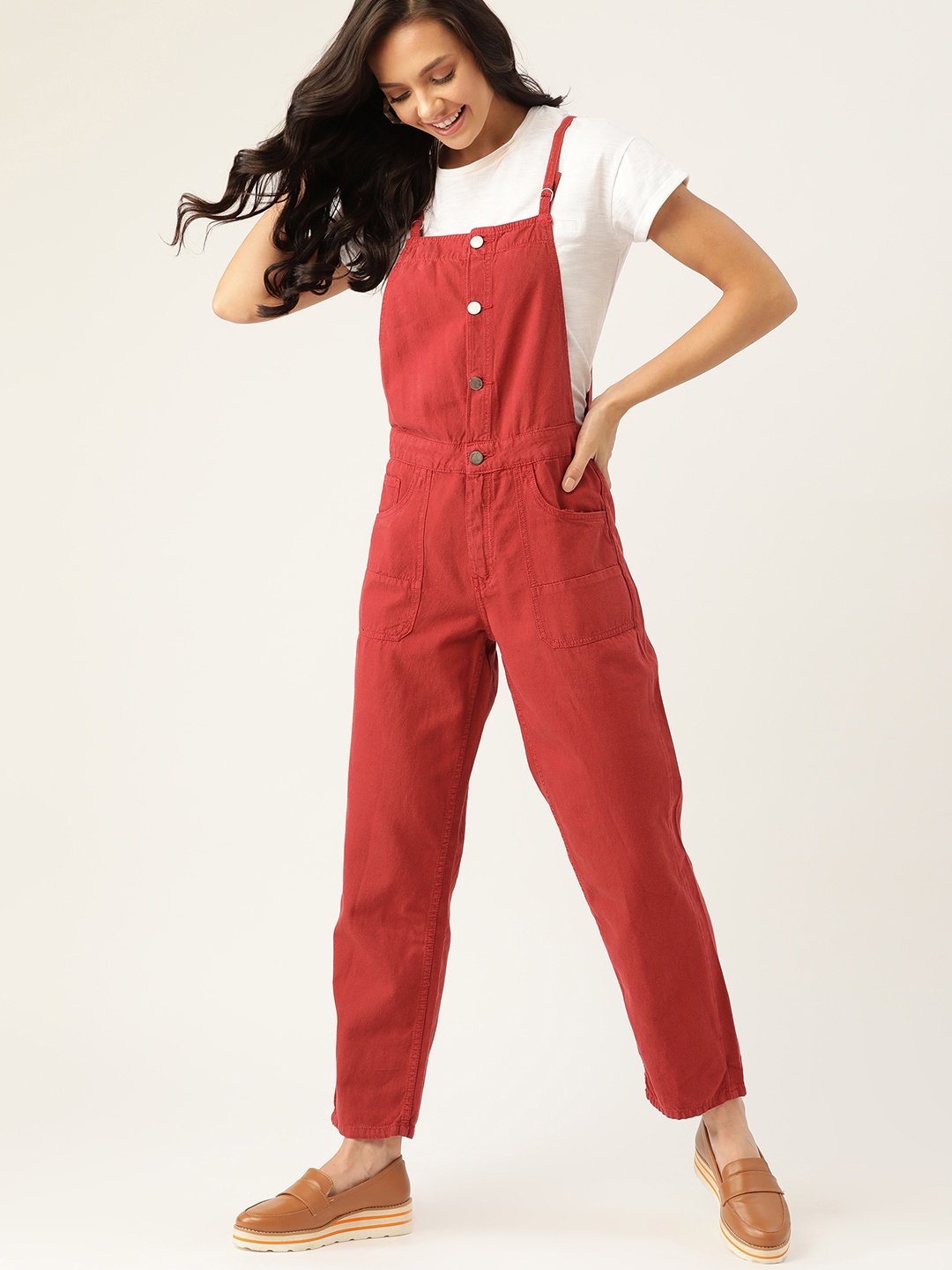 

DressBerry Rust Red Solid Straight Fit Pure Cotton Basic Jumpsuit