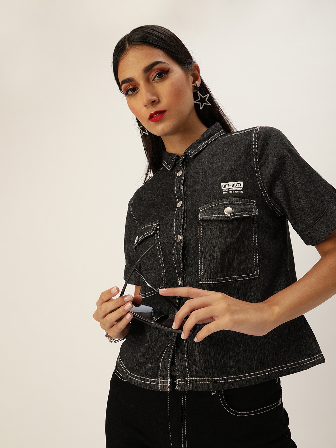 

DressBerry Women Charcoal Grey Boxy Solid Denim Casual Shirt