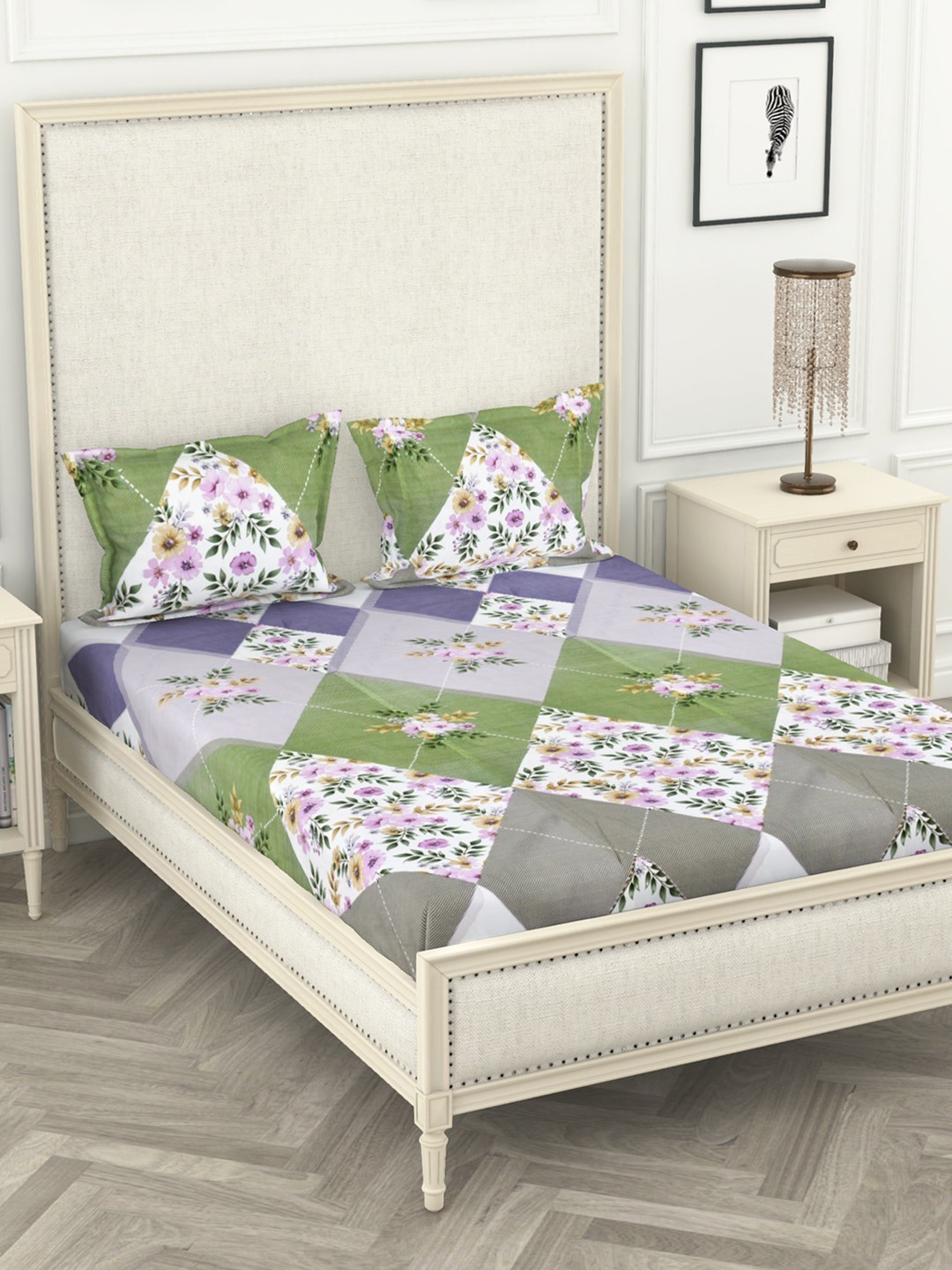 

BIANCA Khaki & Green Floral 210 TC Polyester 1 King Bedsheet with 2 Pillow Covers