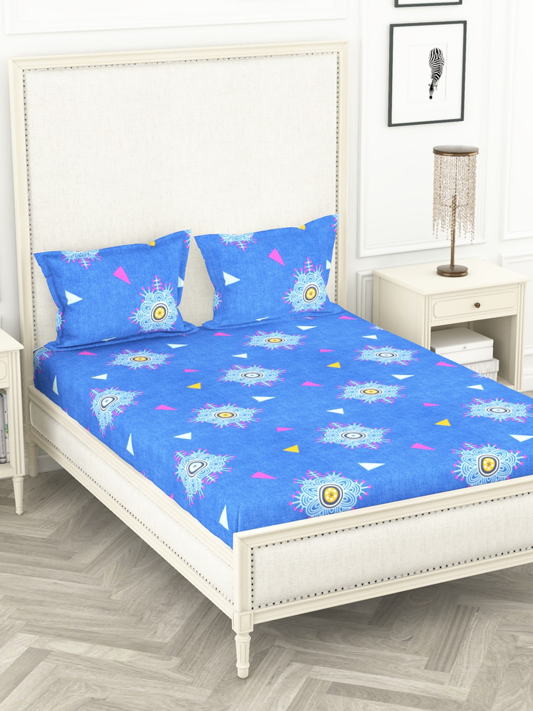 

BIANCA Blue Ethnic Motifs 210 TC Polyester 1 King Bedsheet with 2 Pillow Covers