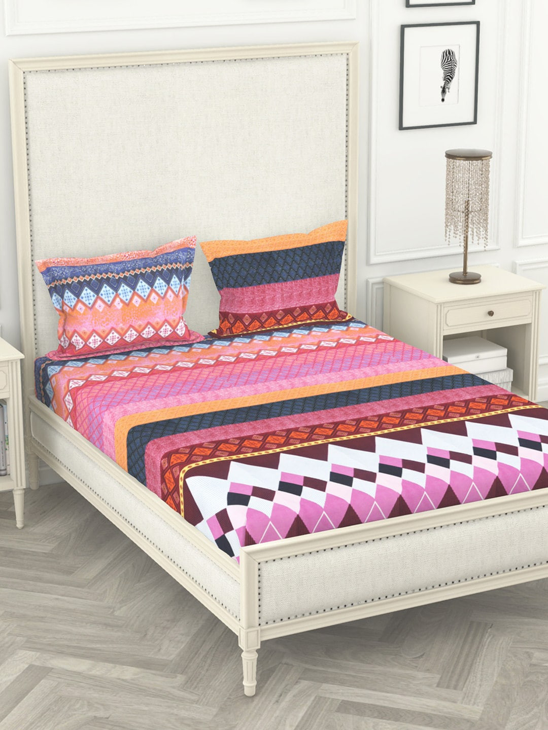 

BIANCA Multicoloured Geometric 210 TC Polyester 1 King Bedsheet with 2 Pillow Covers, Multi