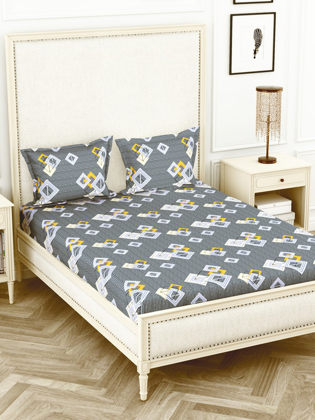 

BIANCA Grey & Blue Abstract 210 TC Polyester 1 King Bedsheet with 2 Pillow Covers