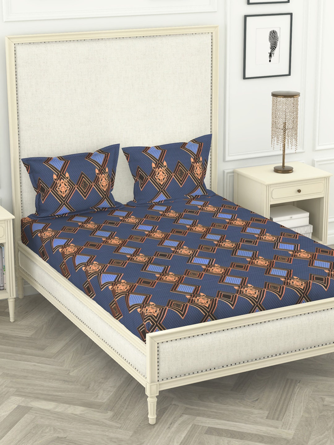 

BIANCA Navy Blue & Black Ethnic Motifs 210 TC Polyester 1 King Bedsheet with 2 Pillow Covers