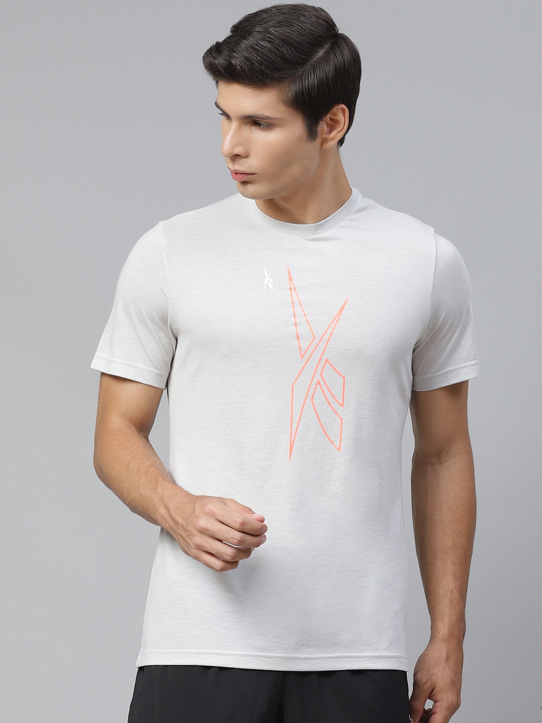 

Reebok Men Grey Printed Slim Fit MYT SS Graphic Training or Gym T-shirt
