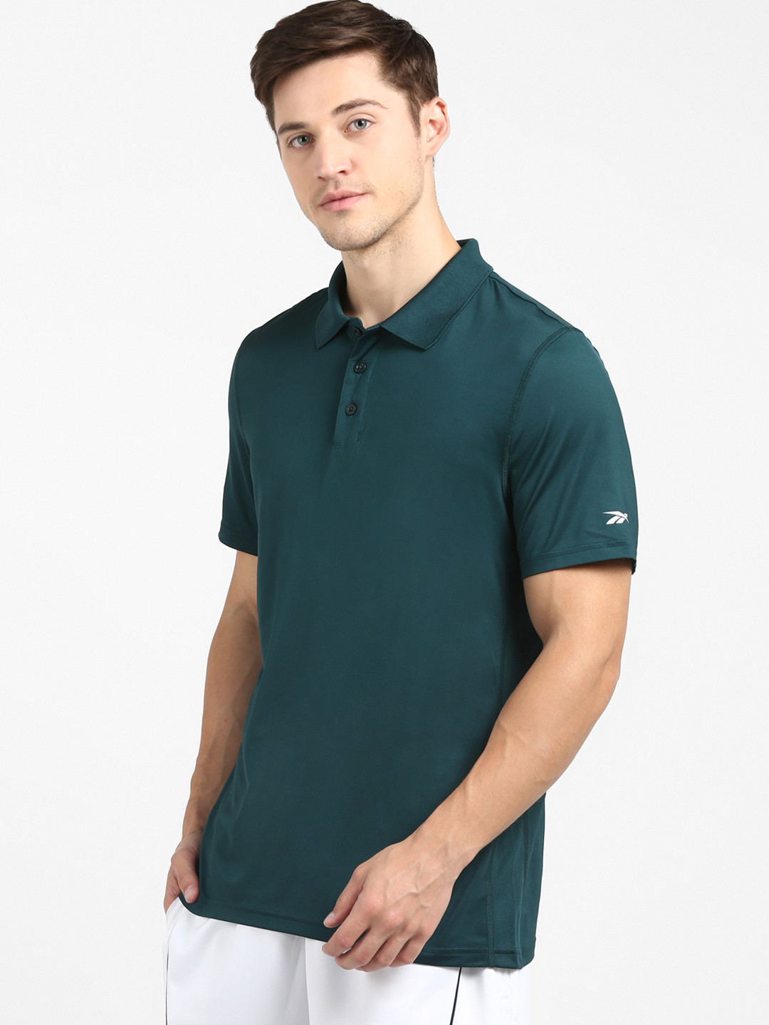 

Reebok Men Green Solid Training Wor Recycling Polo T-shirt