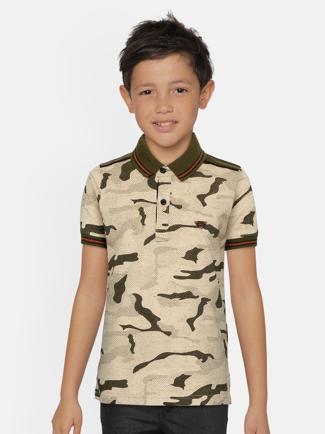 

Monte Carlo Boys Beige & Olive Green Camouflage Print Polo Collar T-shirt